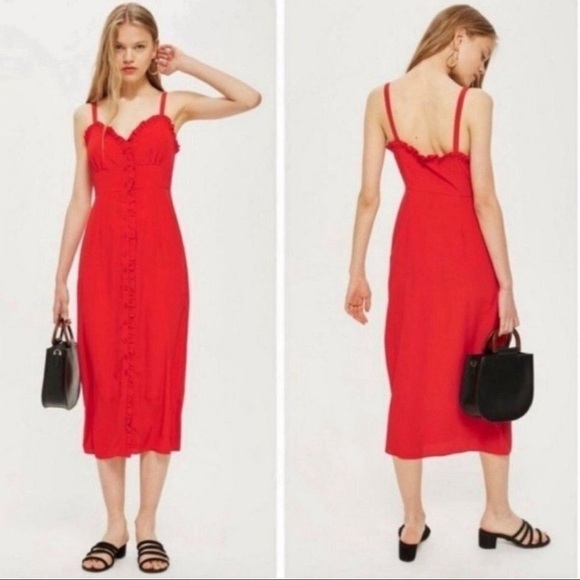 NWT TOPSHOP Red Button Down Ruffle Hem Midi Dress Women’s 2 Sundress Valentines - Picture 1 of 10